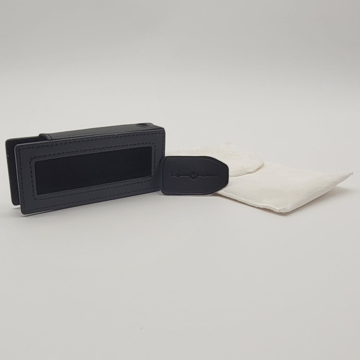 A black KeepKey leather case with a microfiber velvet interior, displayed against a white background.