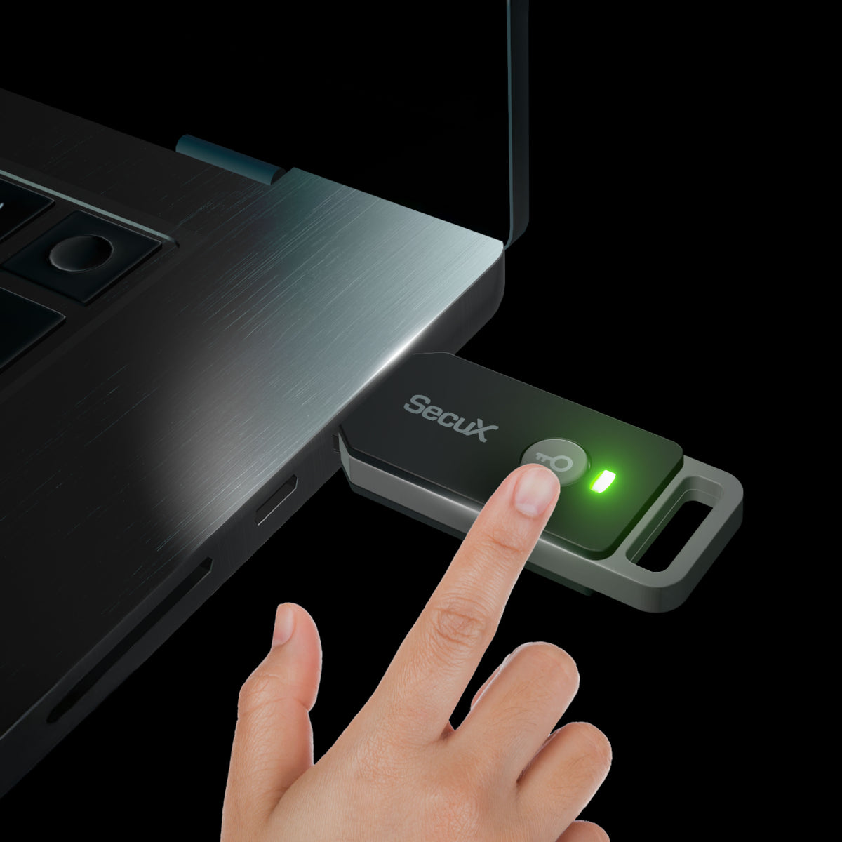 SecuX PUFido Clife Key authentication button with LED indicator on a laptop