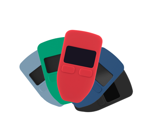 Trezor Model One silicone cases in Black, Blue, Red, and Green