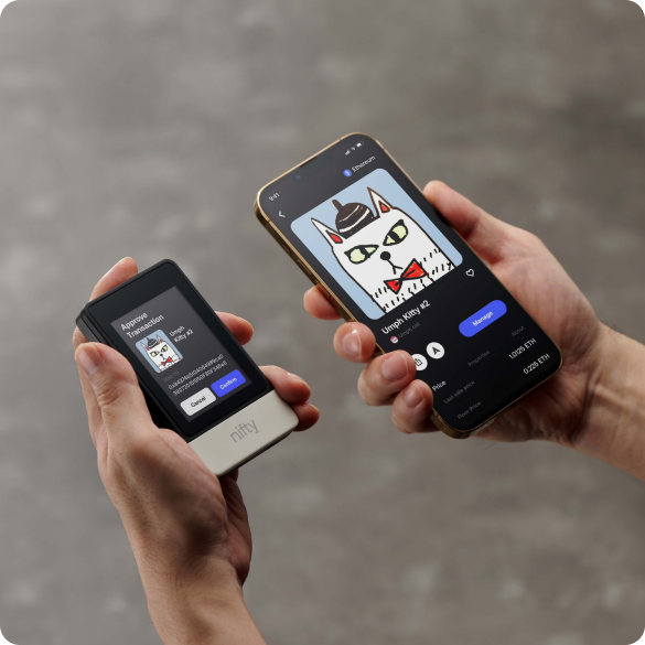 SecuX Nifty hardware wallet connected to a mobile phone